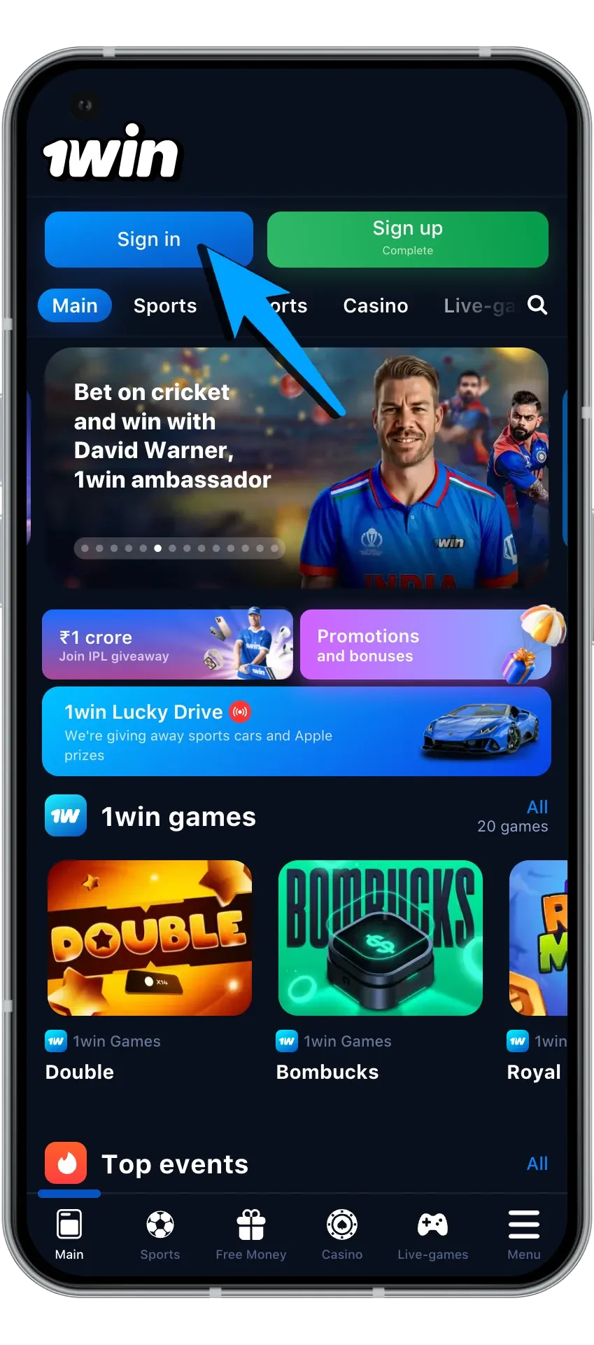 1Win कैसीनो में साइन-इन बटन खोजने के आसान चरण।