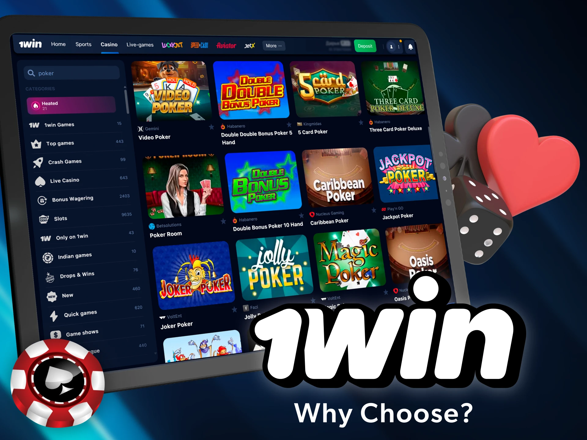 Play poker games in the 1win casino.