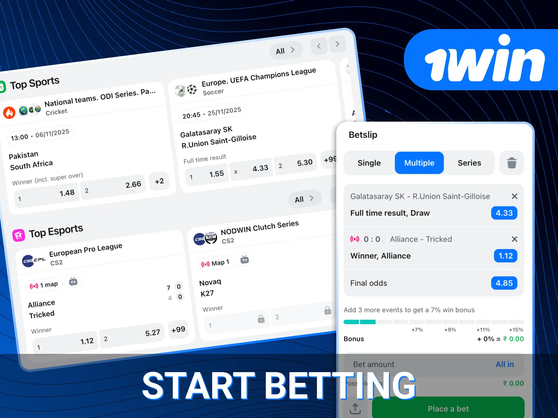 Interface of betting sections at 1win India